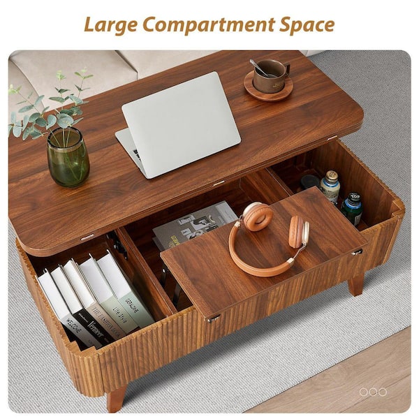 ATHMILE 42. 91 in. L Walnut Oval MDF Coffee Table With Built-in