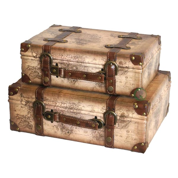 Decorative Suitcase, Vintage Style Wood Leather Antique Large Capacity  Trunk Chest Luggage with Straps, Small Old-Fashioned Decorative Wooden  Storage
