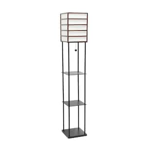 60 in. 1-Light Dark Wood Metal Etagere Floor Lamp with Storage Shelves and Linen Shade