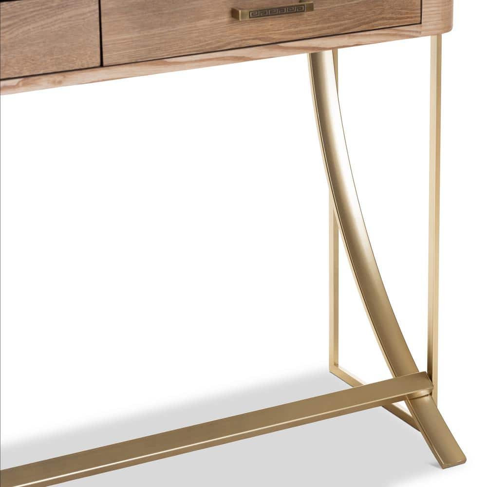 Light Brown and Gold Wood Metal Hallway Table with Storage