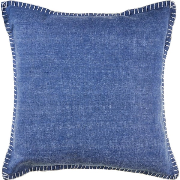 LR Home Solid Color Blue Embroidered Edges 24 in. x 24 in. Decorative Throw Pillow