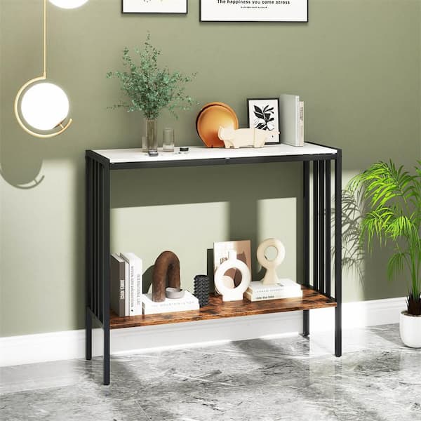 36 in.  White Rectangle  Sintered Stone Tabletop Console Table with Open Shelf for Living Room