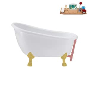 53 in. x 25.6 in. Acrylic Clawfoot Soaking Bathtub in Glossy White with Brushed Gold Clawfeet and Matte Pink Drain