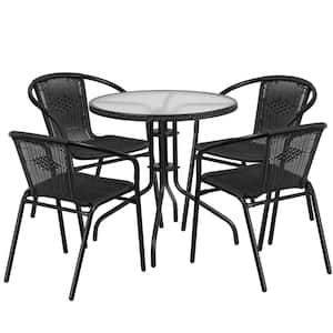 Black 5-Piece Metal Frame with Round Glass table Top Outdoor Bistro Set