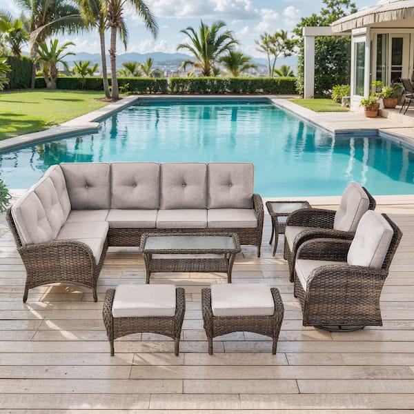8-Piece Brown Wicker Outdoor Sectional Set with Olefin Beige Cushions and L-Shaped Sofa/Swivel Glider Chairs