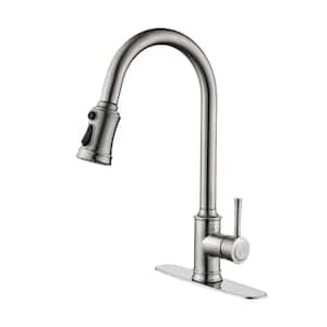 Single Handle Gooseneck Pull Down Sprayer Kitchen Faucet in Brushed Nickel with Deckplate Included 3-Spray Modes
