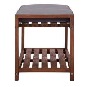 Dark Brown Wood Outdoor Patio Bench with Gray Cushion