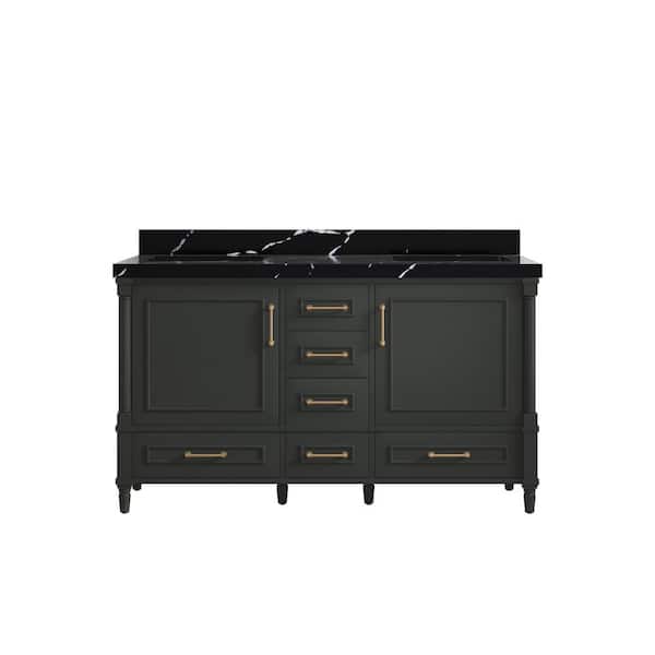 Willow Collections Hudson 60 in. Double Sink Freestanding Black Top Bath Vanity with Calacatta Black Qt. Top Unassembled