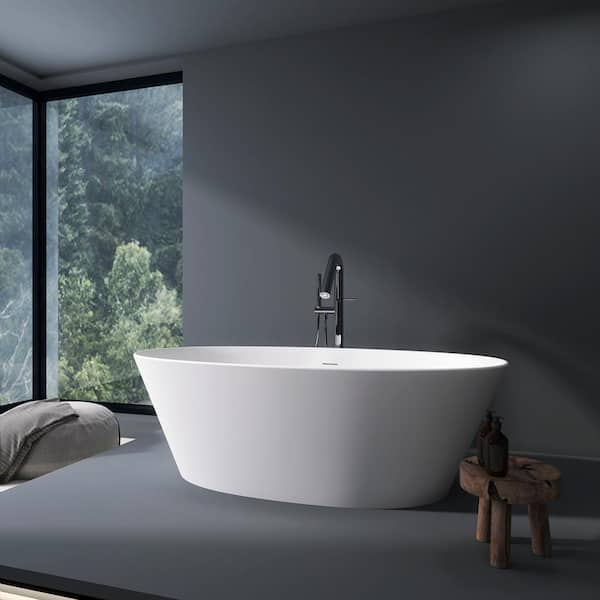 Moray 67 in. x 34 in. Solid Surface Stone Resin Flatbottom Freestanding Bathtub Soaking Bathtub in Matte White