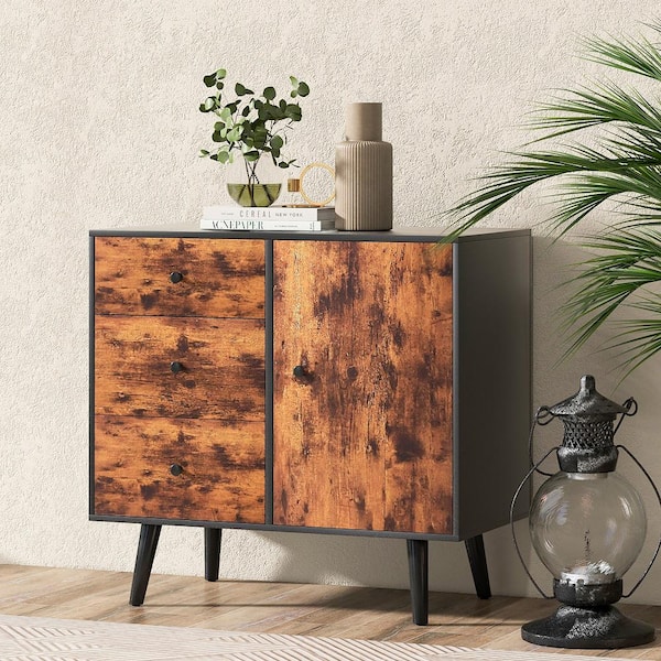 Mid-Century Rustic Brown Storage Accent Cabinet Multipurpose Wood Shelf Organizer with 3-Drawers