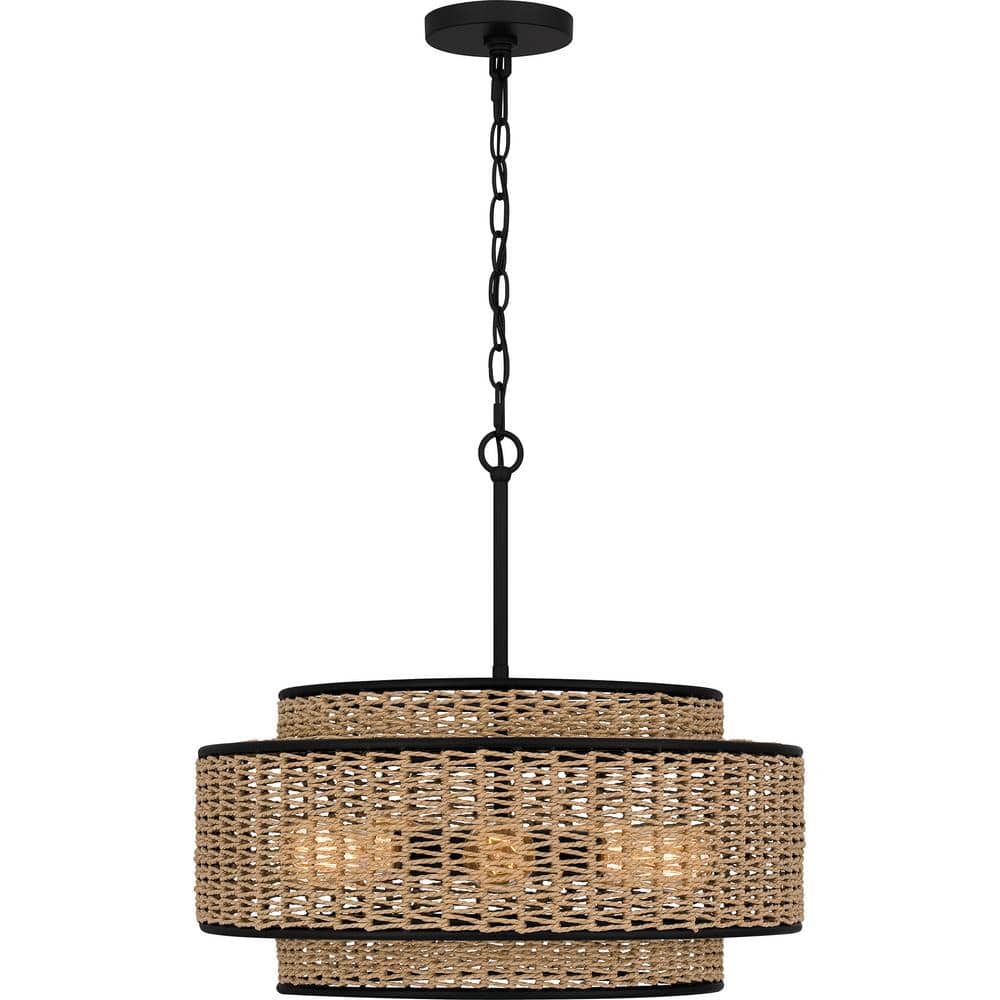 Matte Black and Natural Rope Drum Pendant Light, 5-Light