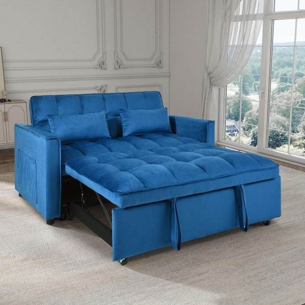 3-in-1 Convertible Loveseat 47.24 in. Blue Velvet Pull-Out Twin Size Sofa Bed with Pocket and Throw Pillow