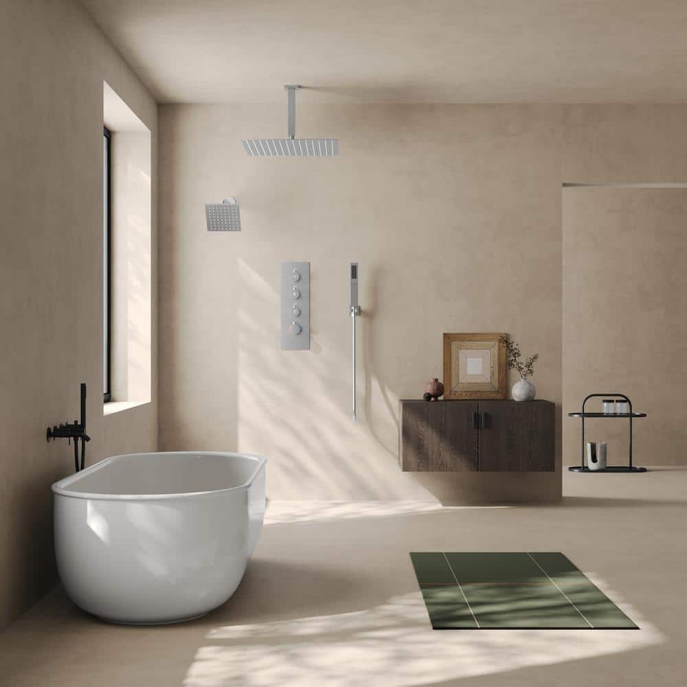 Brushed Nickel Dual Shower Head System with Thermostatic Valve