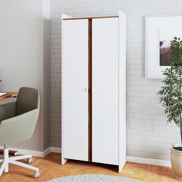 Manhattan Comfort Ratzer White and Brown 71.06 in. H Mid-Century Modern Storage Cabinet with 11-Shelves