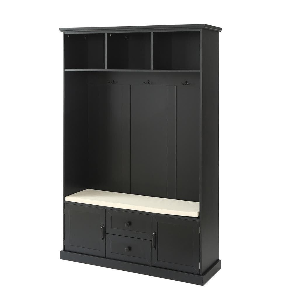 Black Particle Board Hall Tree with Storage Bench and Hooks