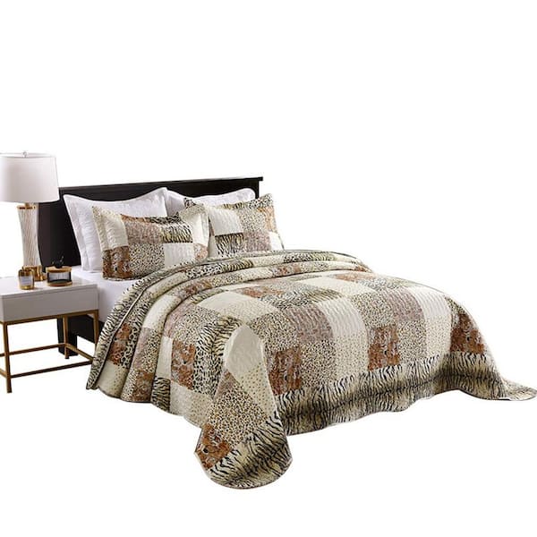 MarCielo BW Brown Leopard Polyester Queen Size Lightweight Quilt Bedspread Set
