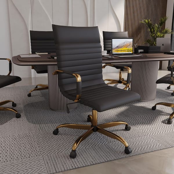 Leisuremod Harris High-Back Leather Office Chair Gold Frame Adjustable Height, Swivel, Tilt Conference Chair in Black