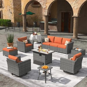 Bexley Gray 10-Piece Wicker Rectangle Fire Pit Patio Conversation Set with Orange Red Cushions and Swivel Chairs