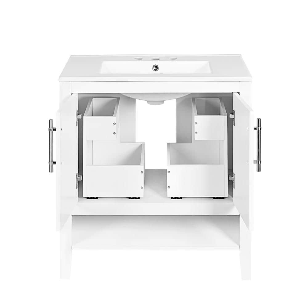 30" White Wood Freestanding Single Sink Bath Vanity with Ceramic Top