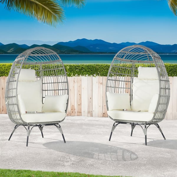BFB 2 -Pieces Outdoor Oversized Gray Rattan Egg Chair Indoor Outdoor Chair