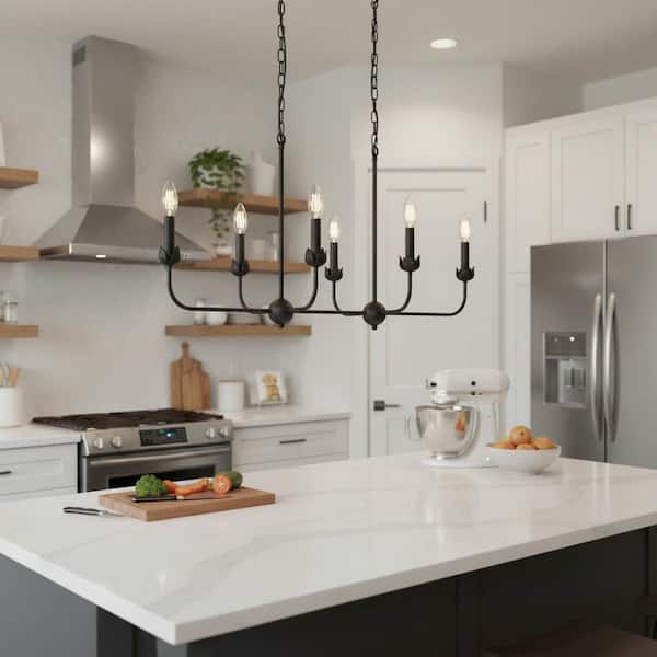 6-Light Industrial Black Island Pendant Chandelier, Classic Candle Style Hanging Light for Kitchen Island, Dining Room