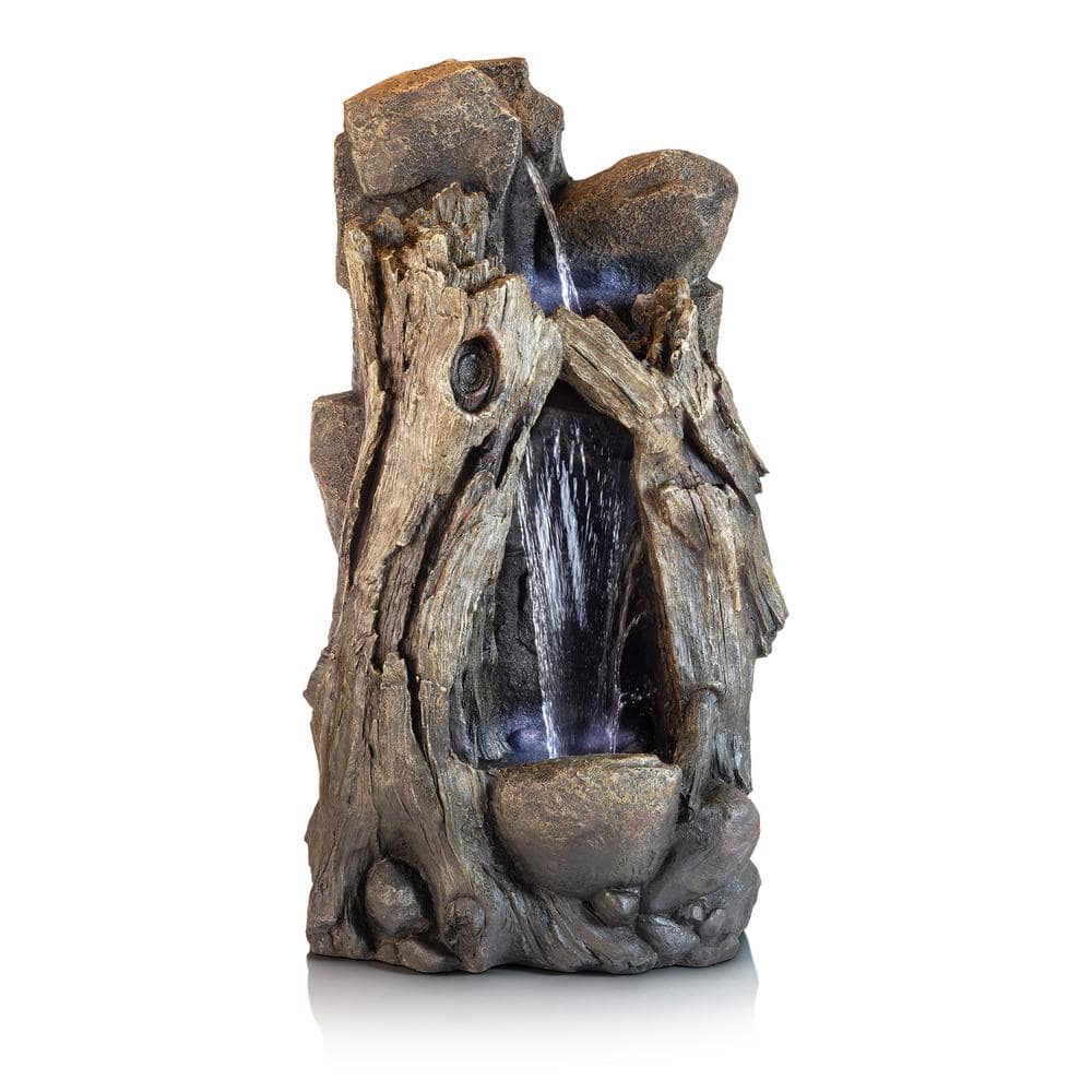 52" Taupe Resin Waterfall Tree Trunk Fountain with LED Lights