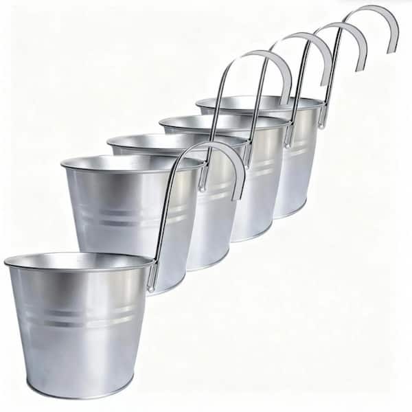 Hanging Flower Pots for Outdoor Indoor Plants with Removable Hooks,5 Pack Metal Buckets Hanging,Drainage Holes,Silvery