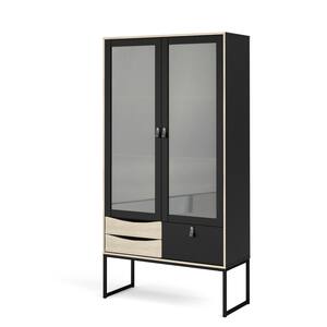 Stubbe Black Matte/Oak Structure 2 Glass Door China Cabinet with 3-Drawers