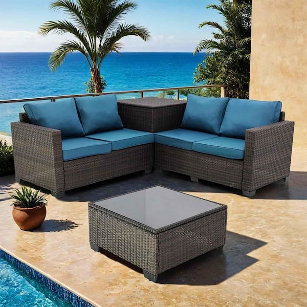 Unbranded Brown 4-Piece Wicker Outdoor Conversation Set with Peacock Blue Cushions, Storage Box, Glass Table, Outdoor Bistro Set