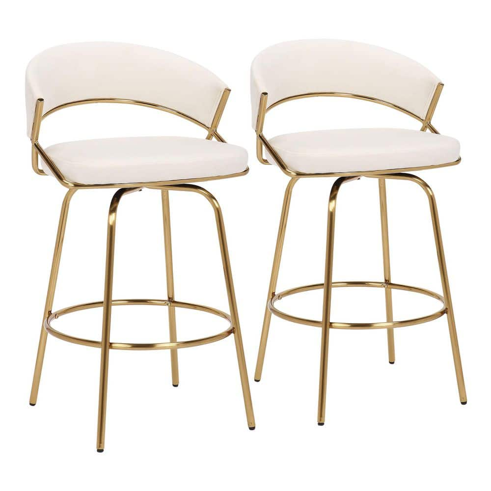 Lumisource Jie 35.75 In. Cream Velvet And Gold Metal Low Back Counter Stool (Set Of 2), Cream Velvet & Gold Metal