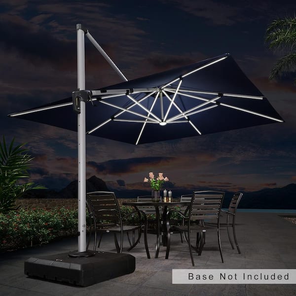 PURPLE LEAF 11 ft. Square Solar Powered LED Patio Umbrella Outdoor Cantilever Umbrella Heavy-Duty Sun Umbrella in Navy Blue