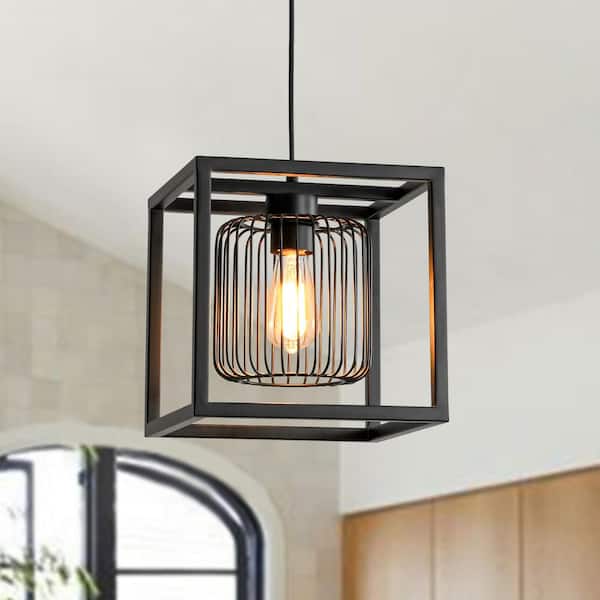 HUOKU Inspire 11 in.W Square Lantern Pendant 1-Light Black Modern Industrial Cage Chandelier for Kitchen Island
