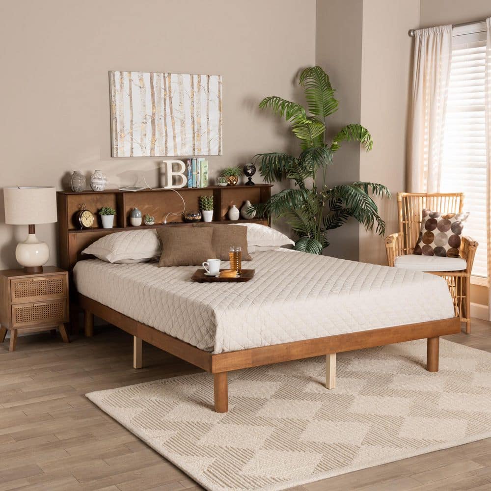 Lochlan Walnut Brown Full Platform Bed with Built-in Charging Station