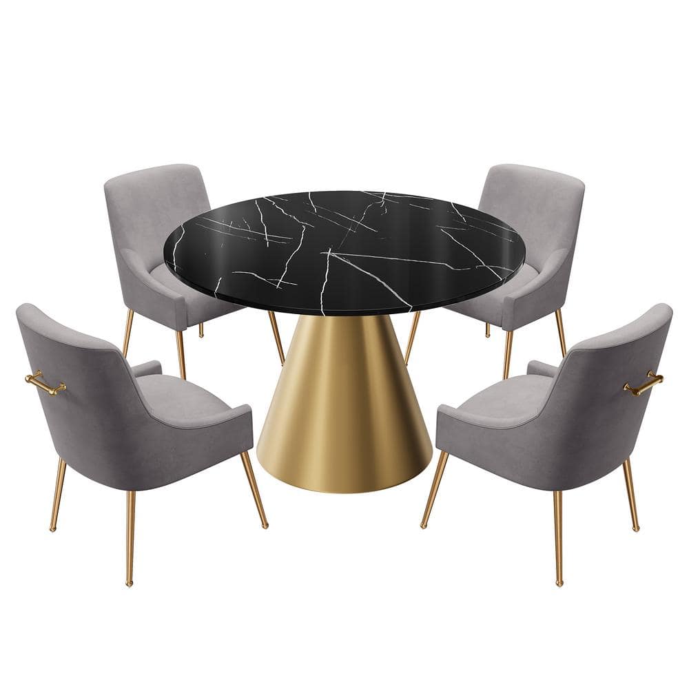 5-Piece Round Stainless-Steel Black and Gold Marble Top Table Set Seats 4 (4 Gray Dining Chairs） price history on PriceWatchPro