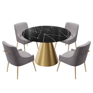 5-Piece Round Stainless-Steel Black and Gold Marble Top Table Set Seats 4 (4 Gray Dining Chairs）
