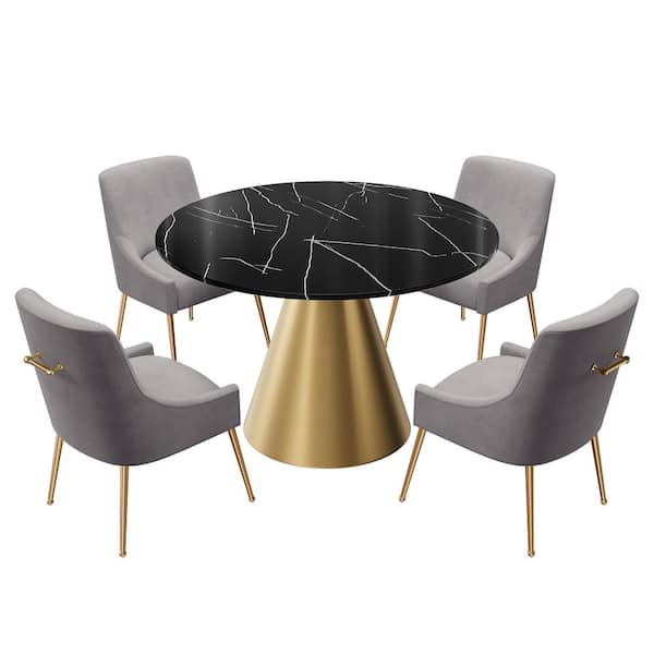 Boyel Living 5-Piece Round Stainless-Steel Black and Gold Marble Top Table Set Seats 4 (4 Gray Dining Chairs）