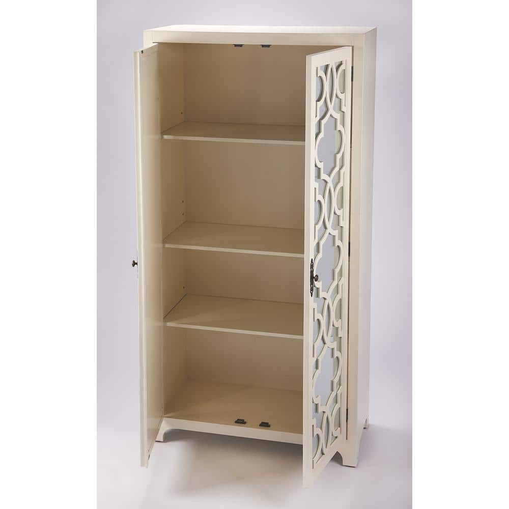Elegant White Mirrored Armoire with Trellis Pattern and Brass Handles