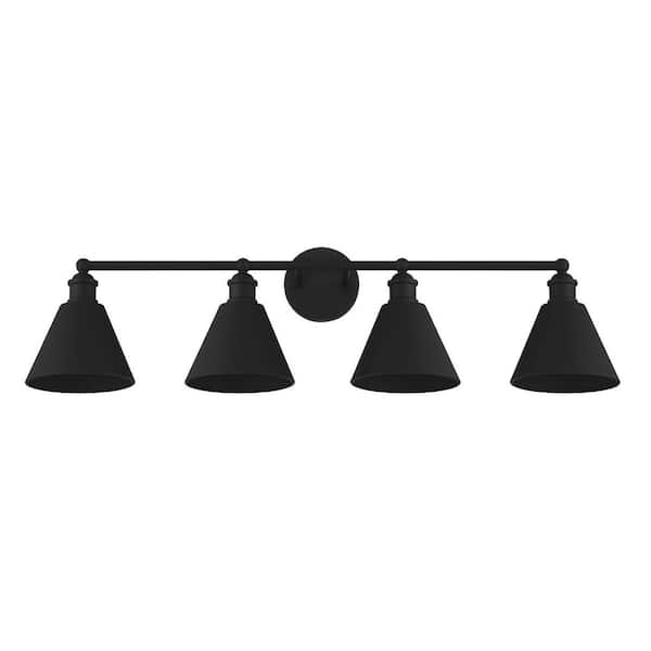 TUXEDO PARK LIGHTING 37.5 in. W x 10 in. H 4-Light Matte Black Bathroom Vanity Light with Metal Shades