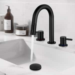Black Bathroom Faucet with Pull Out Sprayer 3 Holes 8 in. 2 Handle, Vanity Faucet with Pop-Up Drain and Supply Hoses