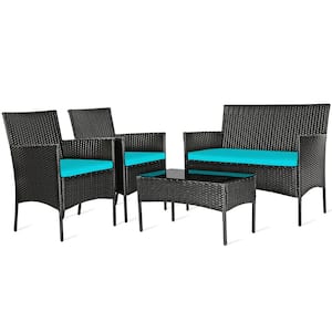 Outdoor 4-Pieces Patio Rattan Conversation Sofa Set with Cushions and Tempered Glass Coffee Table, Turquoise