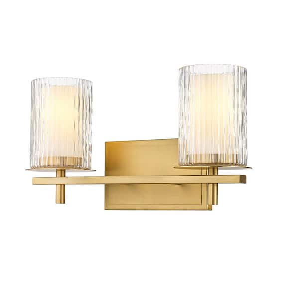 Unbranded Grayson 16 in. 2-Light Modern Gold Vanity Light with Clear Etched Opal Glass Shade with No Bulbs Included