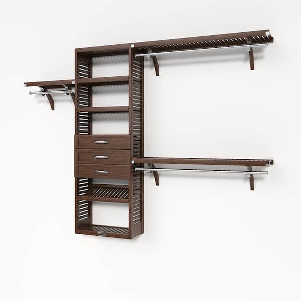 72 in. W - 120 in. W Chestnut Reach in with 3 Shaker Style Drawers 12 in. Shelf Wood Closet System