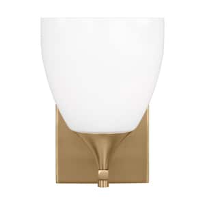 Toffino 6 in. W x 8.875 in. H 1-Light Satin Brass Bathroom Wall Sconce with Milk Glass Shade