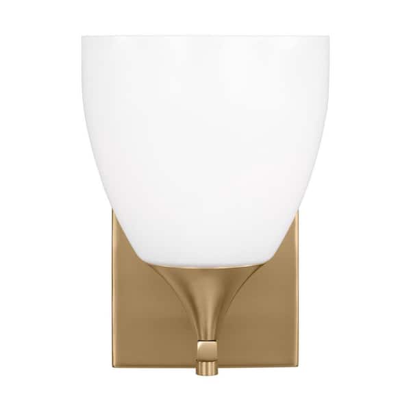 SCOTT LIVING Toffino 6 in. W x 8.875 in. H 1-Light Satin Brass Bathroom Wall Sconce with Milk Glass Shade