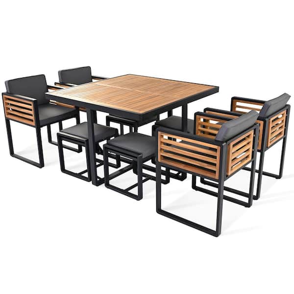 Brown 9-Piece Acacia Wood Outdoor Dining Set, 4 Chairs with Gray Cushion & 4 Ottomans & 1 Square Table for Backyard