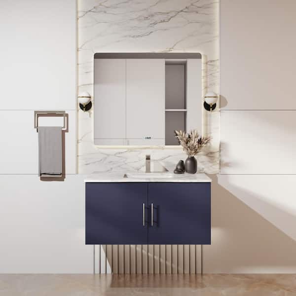 Geneva 36 in. W x 22 in. D Single Bath Vanity Cabinet without Top in Navy Blue with Mirror Assembled
