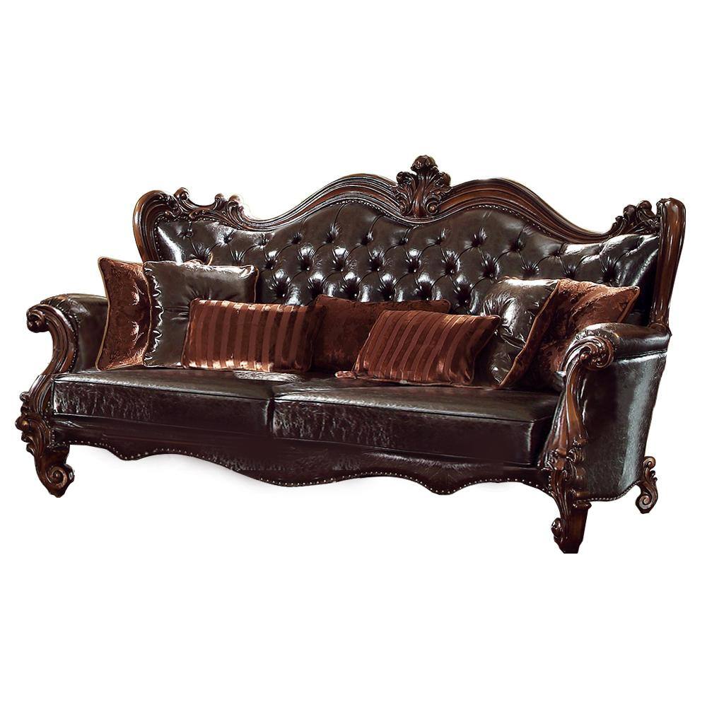 Versailles Dark Brown Leather Sofa with Cherry Oak Trim