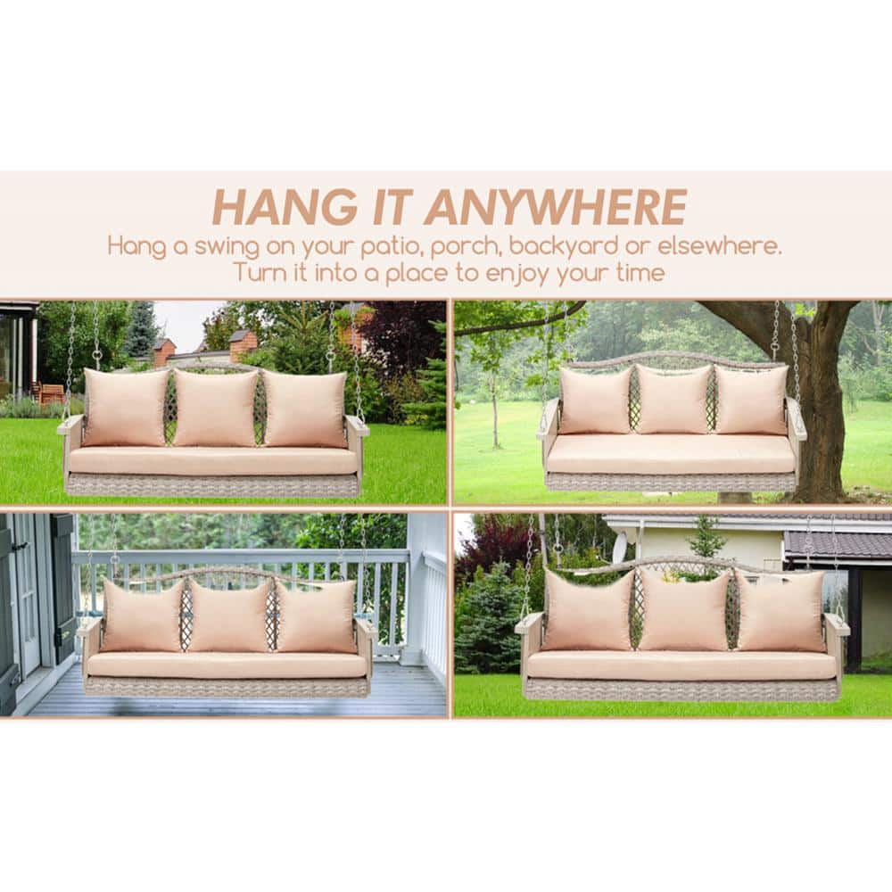 Heavy Duty 3-Seat Wicker Porch Swing, Outdoor Patio Swing Chair Bench for A