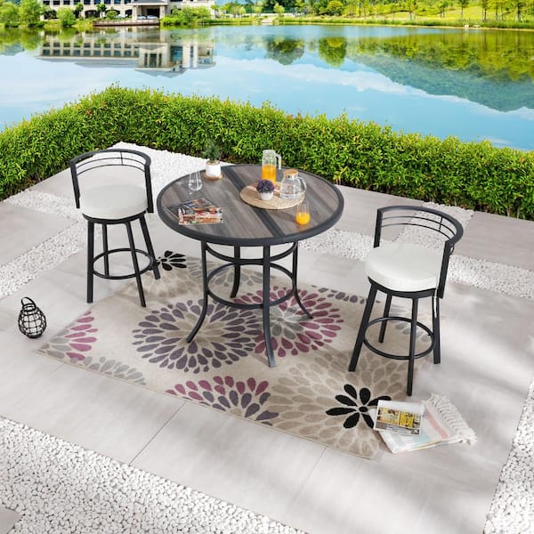 Patio Festival 3-Piece Metal Bar Height Outdoor Dining Set with Beige Cushions