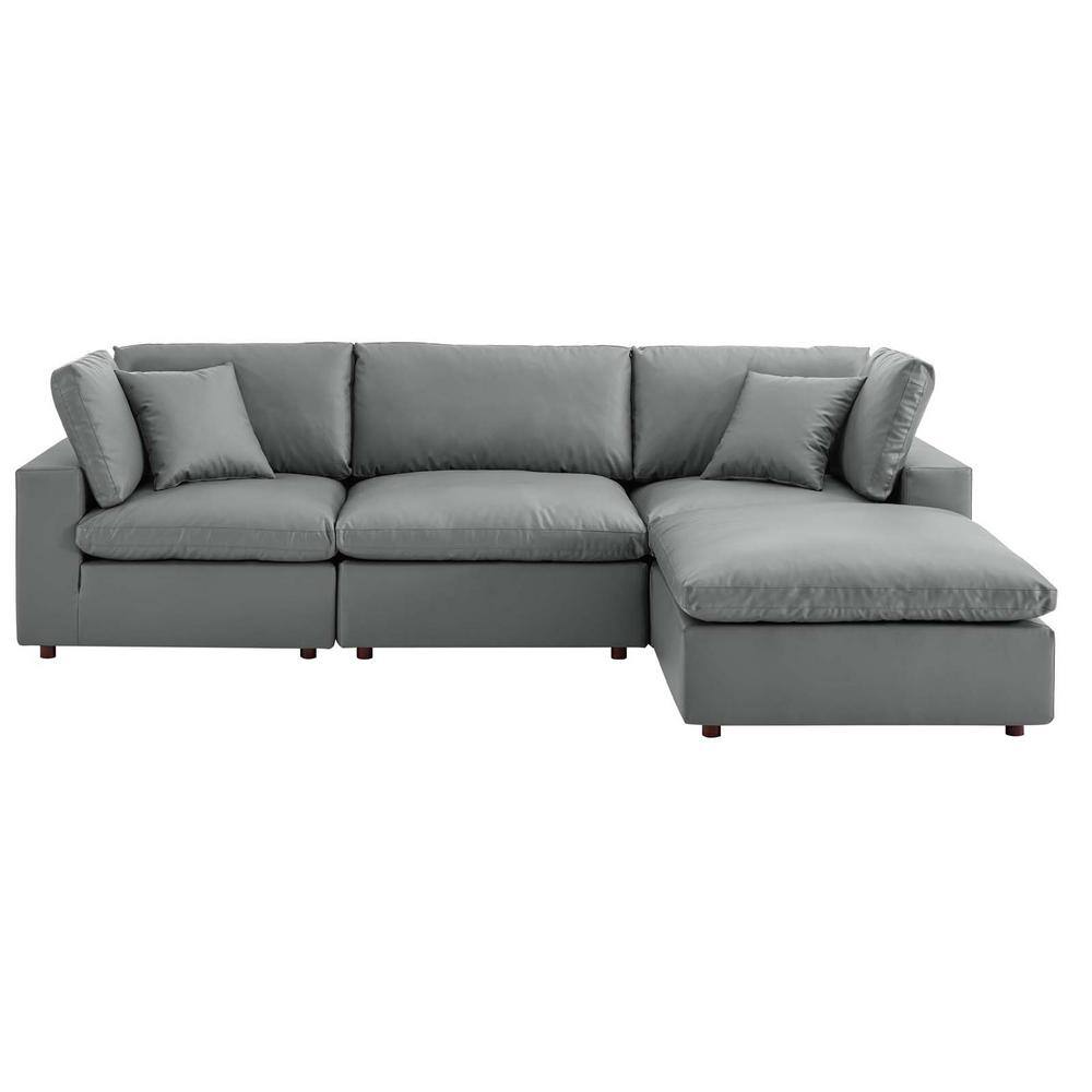 Gray Faux Leather 4-Piece Sectional Sofa with Ottoman and Down Fill
